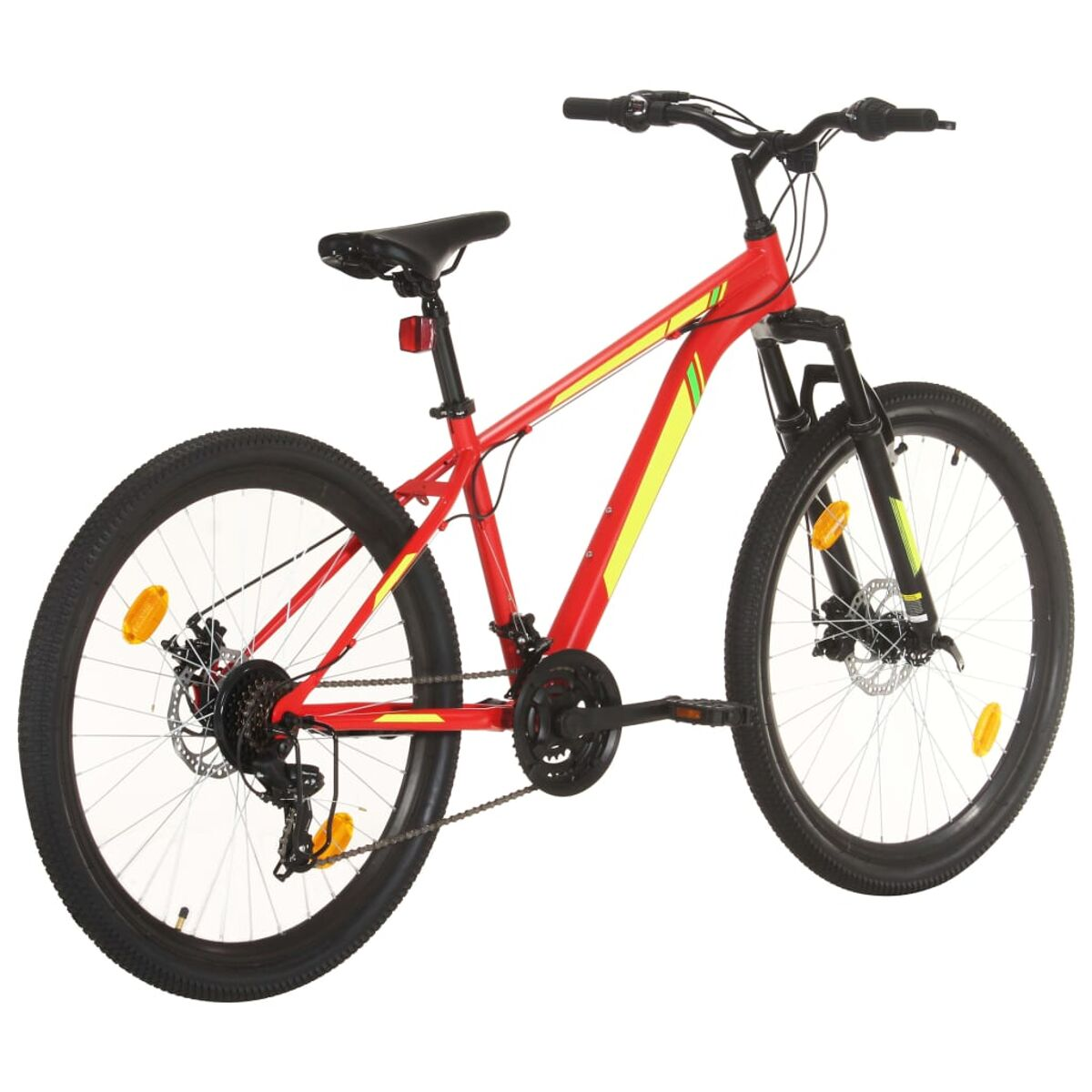 Rotes Mountainbike mit schwarzen Reifen. Es hat gelbe Akzente. Weißer Hintergrund.