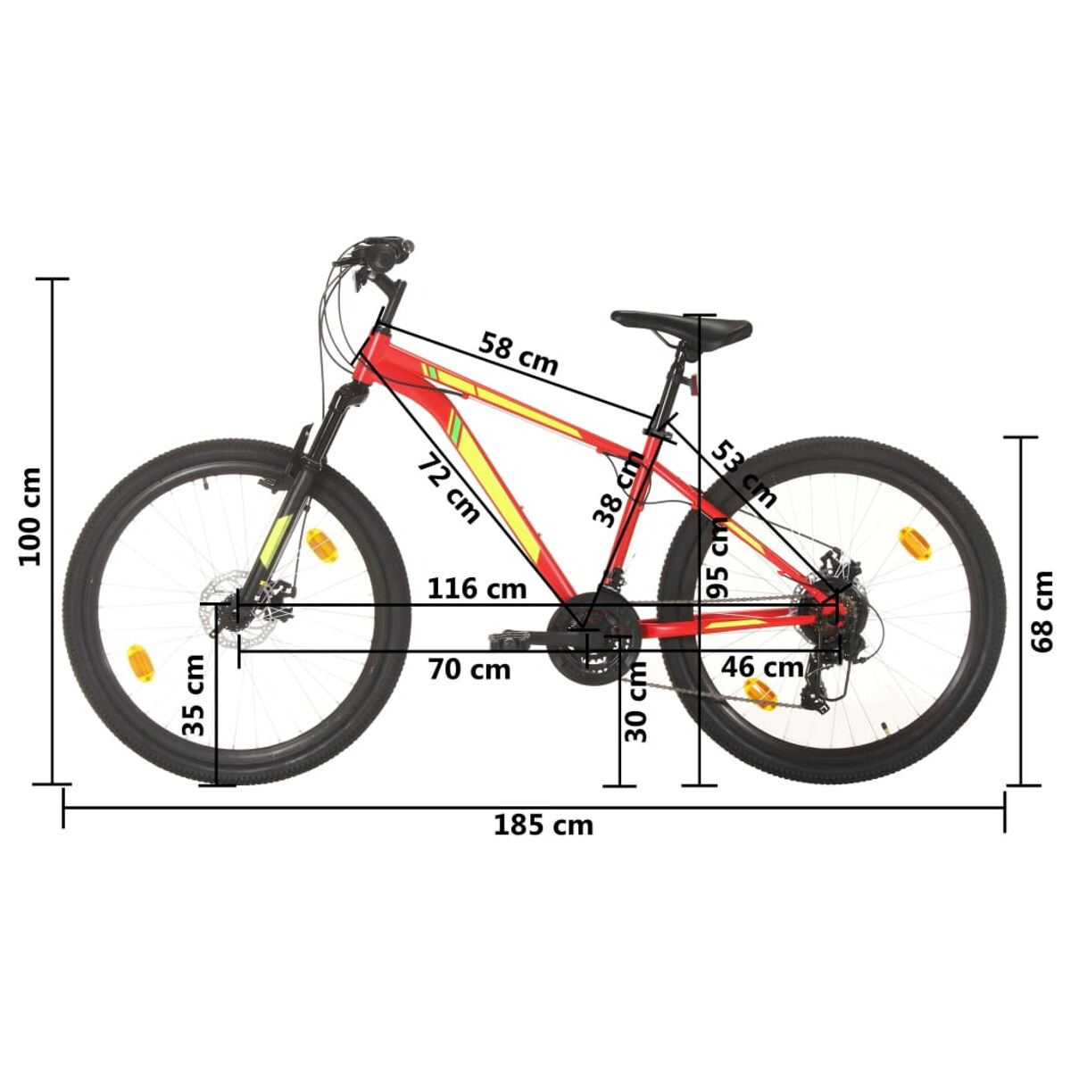 Ein rot-gelbes Fahrrad mit Maßen auf weißem Hintergrund.