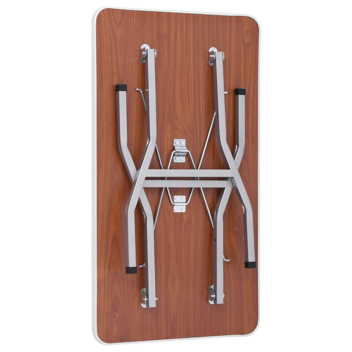 Zusammengeklappter Holztisch mit Metallbeinen und -rahmen. Braune Tischplatte und silberne Beine.