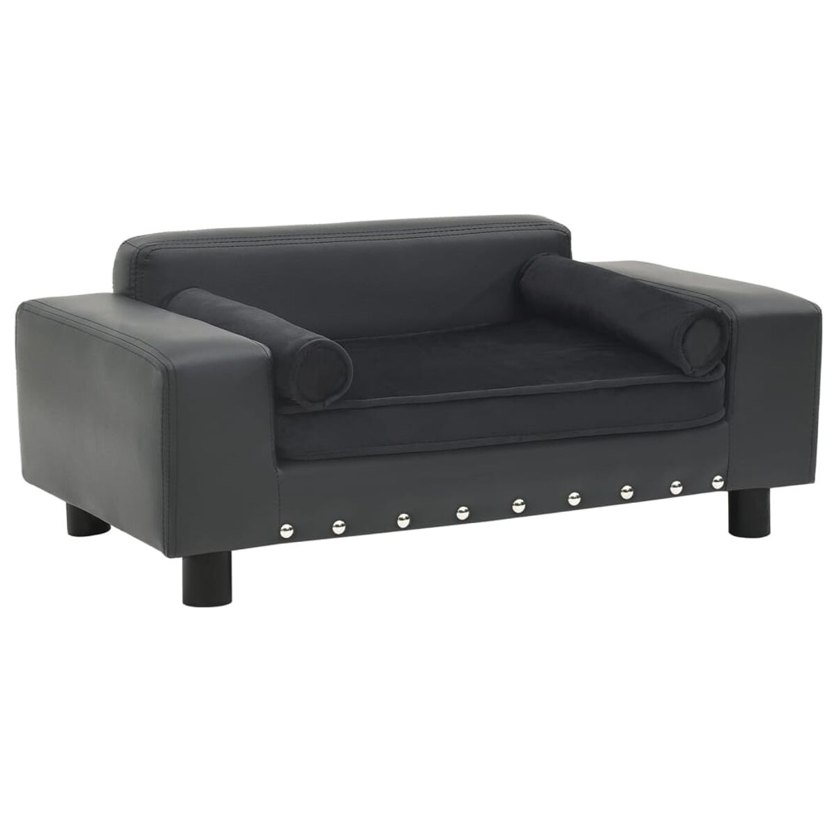Graues Ledersofa mit zwei Kissen. Das Sofa hat schwarze Beine.