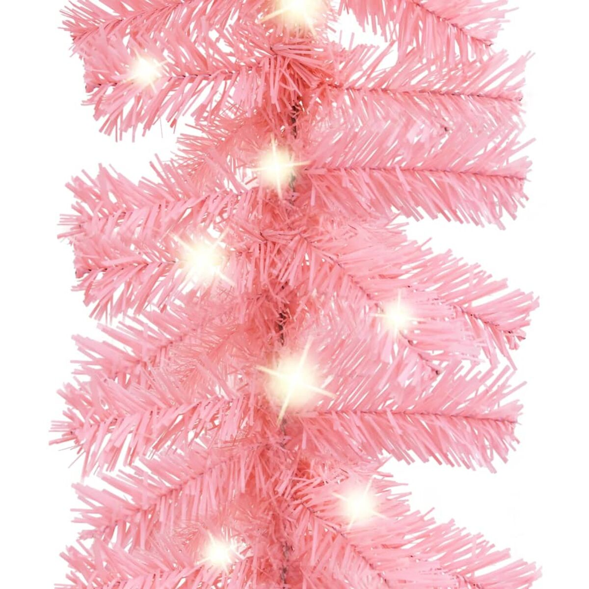 Rosa künstlicher Weihnachtsbaum mit Lichtern, auf weißem Hintergrund.
