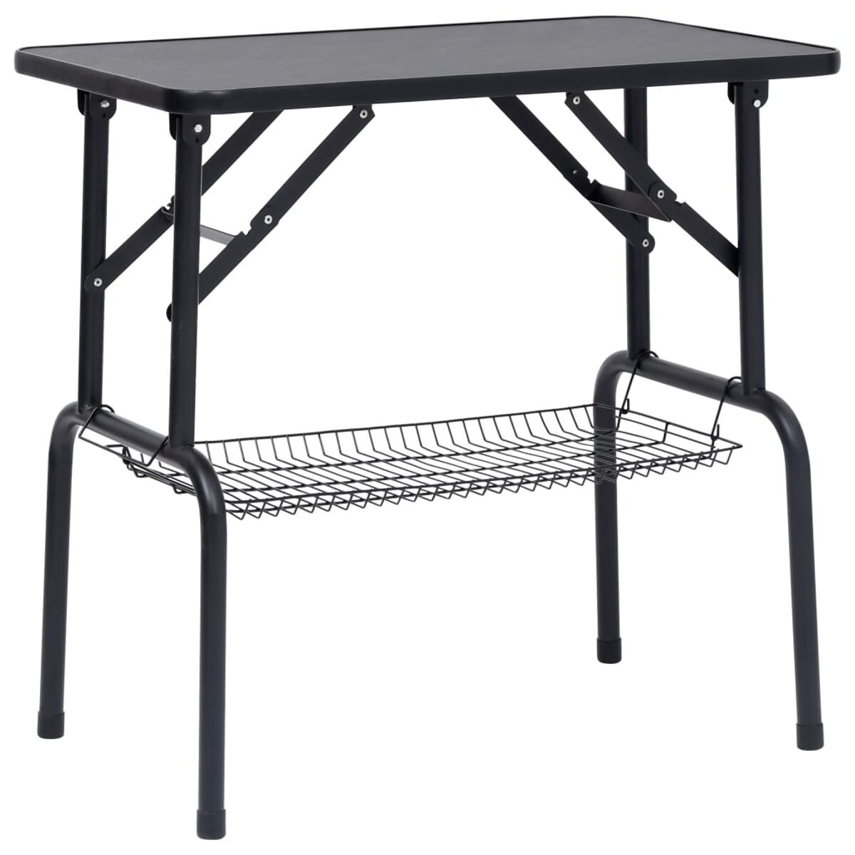 Schwarzer Klapptisch mit Metallrahmen und Drahtregal. Er hat eine schwarze Tischplatte und Beine.