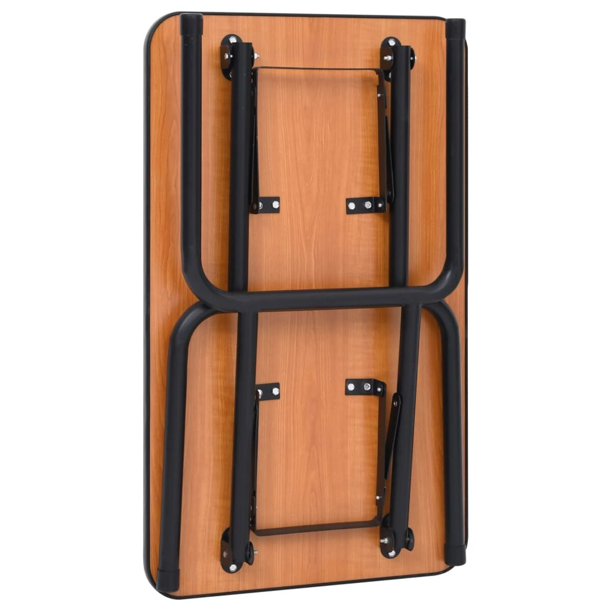 Gefalteter Holztisch mit schwarzen Metallbeinen. Draufsicht auf weißem Hintergrund. Gefaltetes Design.