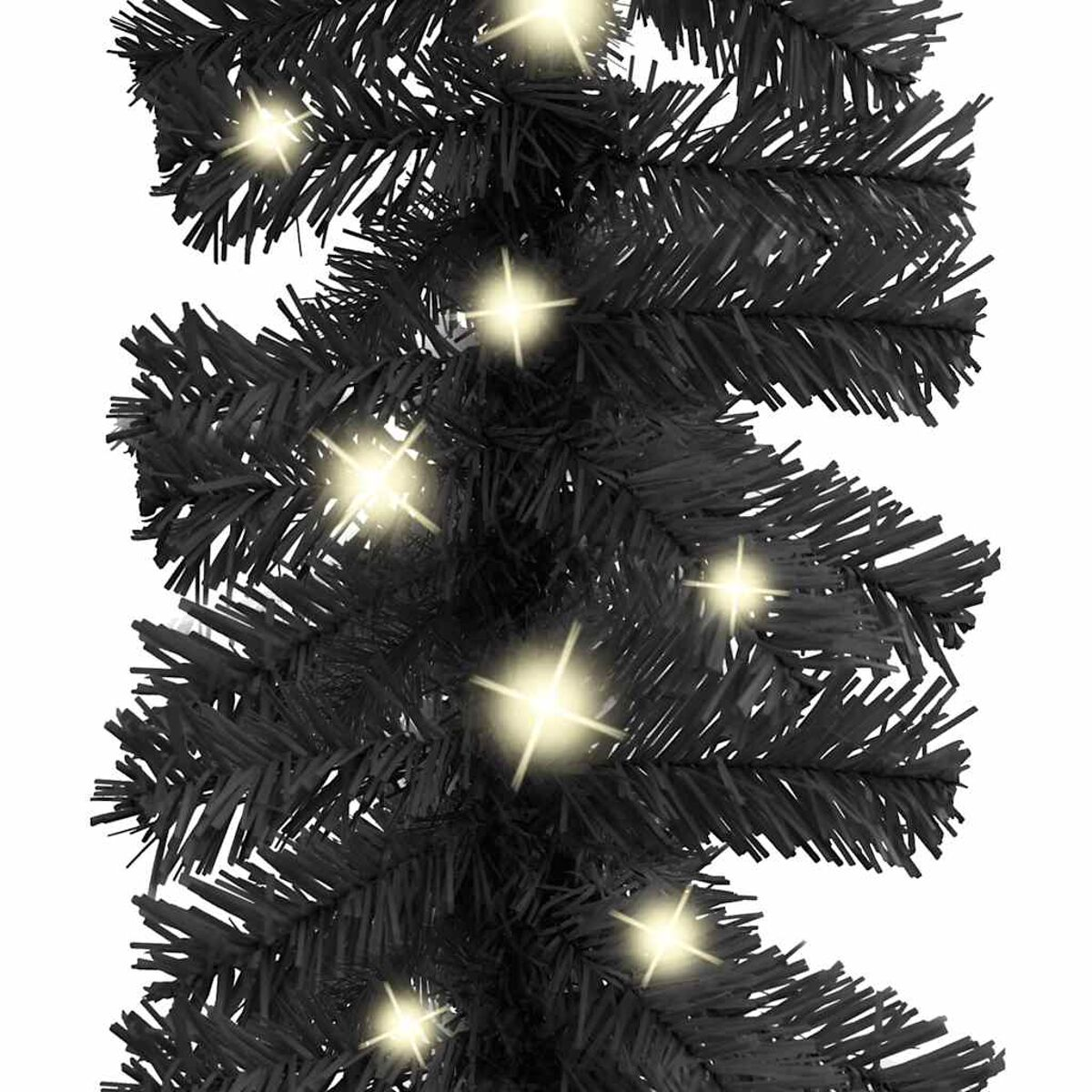 Schwarze Weihnachts-Girlande mit eingebetteten Lichtern. Die Lichter sind klein und hell, beleuchten die Girlande.
