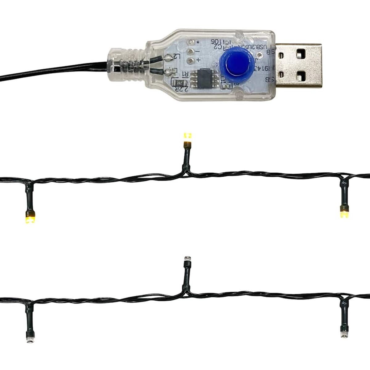 USB-Stecker mit Lichtern. Klares Kunststoffgehäuse mit Knopf. Zwei Stränge gelber Lichter.