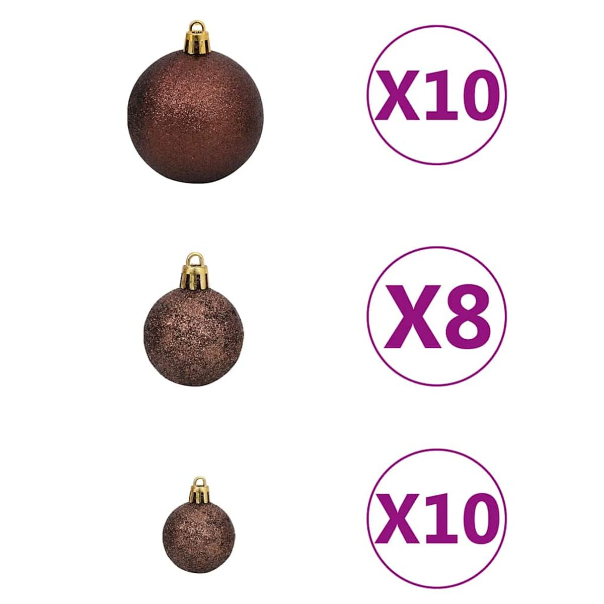 Braune Weihnachtskugeln mit goldenen Spitzen, gruppiert mit Nummernschildern auf Weiß.
