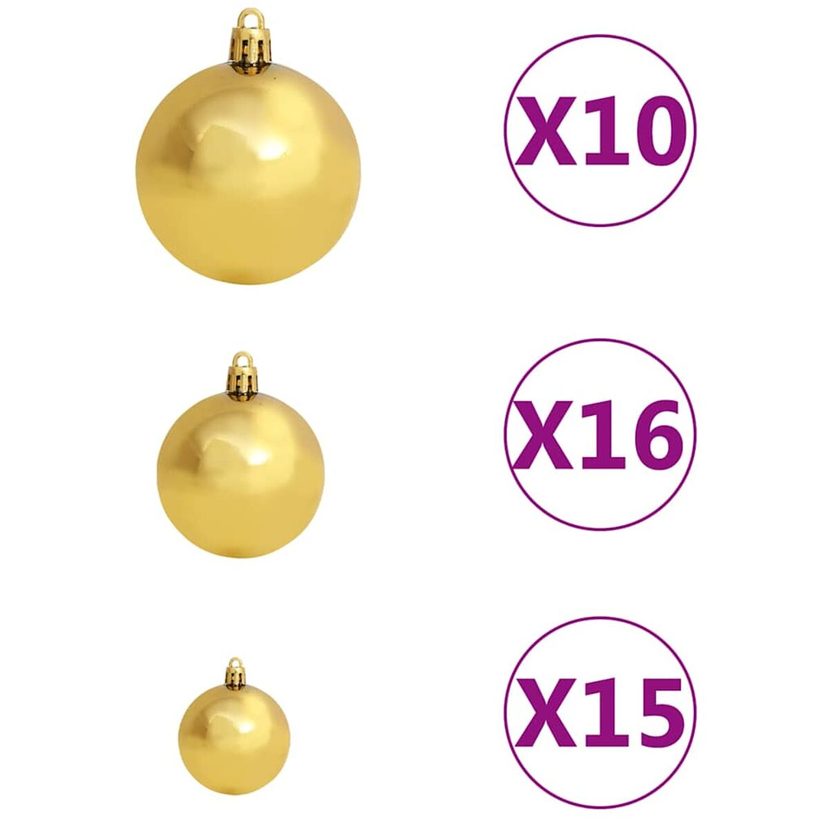 Drei goldene Weihnachtskugeln mit Mengenetiketten daneben.