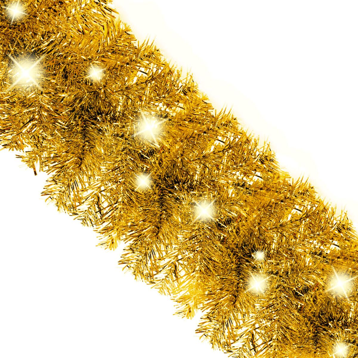 Diagonale goldene Lametta mit funkelnden Lichtern. Weißer Hintergrund.