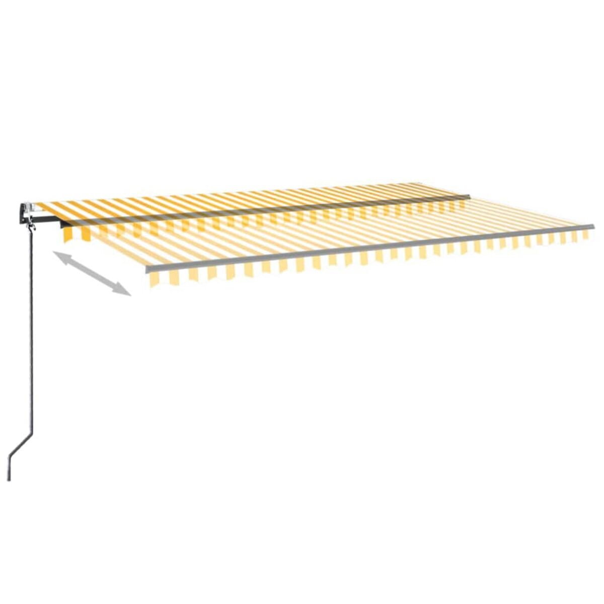 Eine gestreifte Markise horizontal ausgefahren mit Messpfeil, weißer Hintergrund.