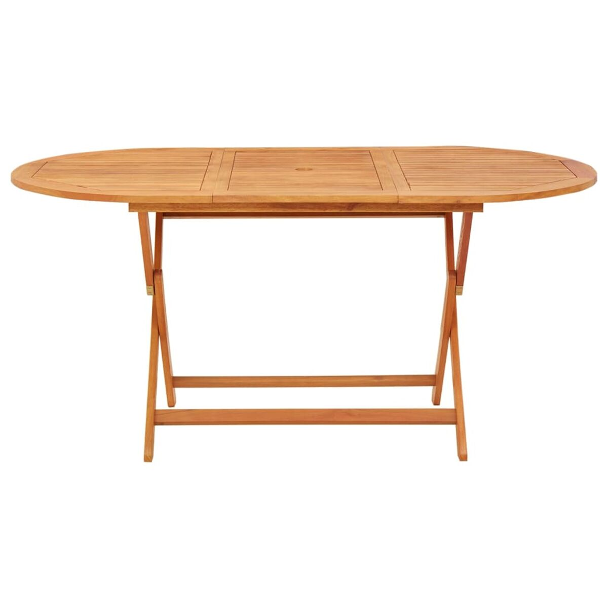 Ein ovaler Holztisch für den Außenbereich mit Klappdesign auf weißem Hintergrund.