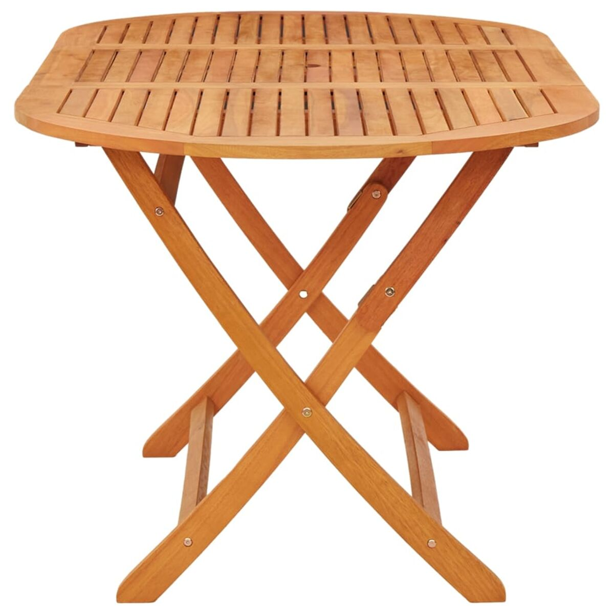 Achtertisch aus Holz mit Lattenoberfläche und Klappbeinen. Weißer Hintergrund.