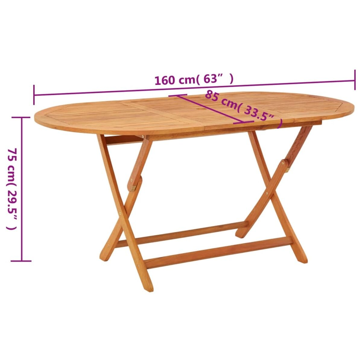 Ovaler Klapptisch aus Holz, Maße in cm und Zoll, offene Position.