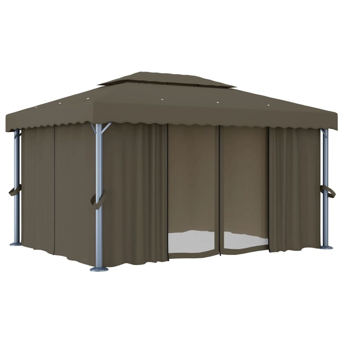 Brauner Pavillon mit Vorhängen. Der Pavillon hat ein braunes Dach und Vorhänge mit hellem Hintergrund.
