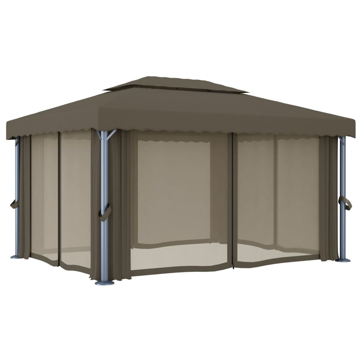 Ein brauner Pavillon mit beigefarbenen Mesh-Seiten und einem braunen Dach. Er hat Metallstützen.