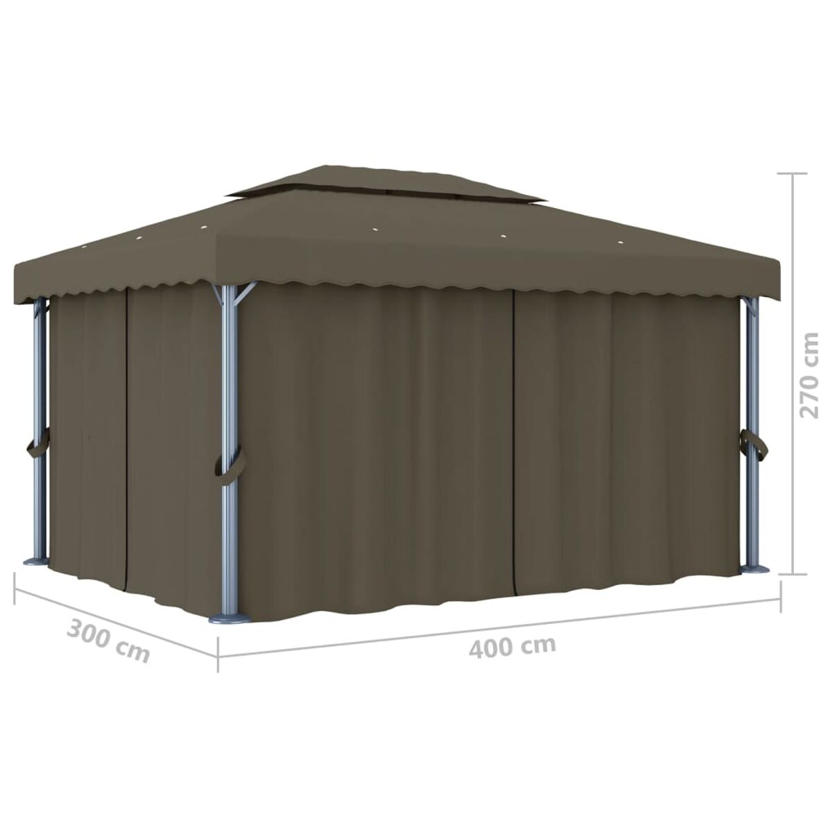 Ein brauner Pavillon mit Vorhängen, Abmessungen sind angegeben.