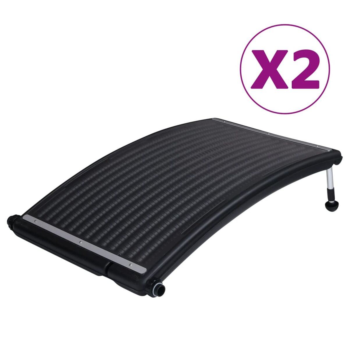 Zwei schwarze Solar-Poolheizungen mit dem Symbol X2 auf weißem Hintergrund gekennzeichnet.