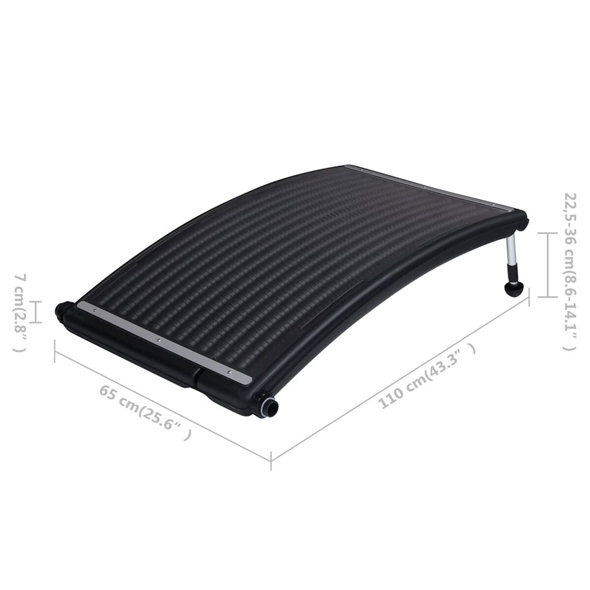 Ein gebogenes schwarzes Solarpanel für einen Pool, mit Maßen, weißer Hintergrund.