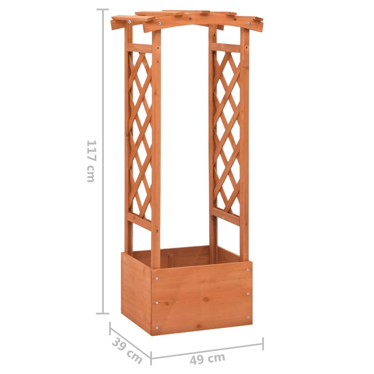 Holzspalier mit Pflanzkasten. Das Spalier hat ein Gittermuster.