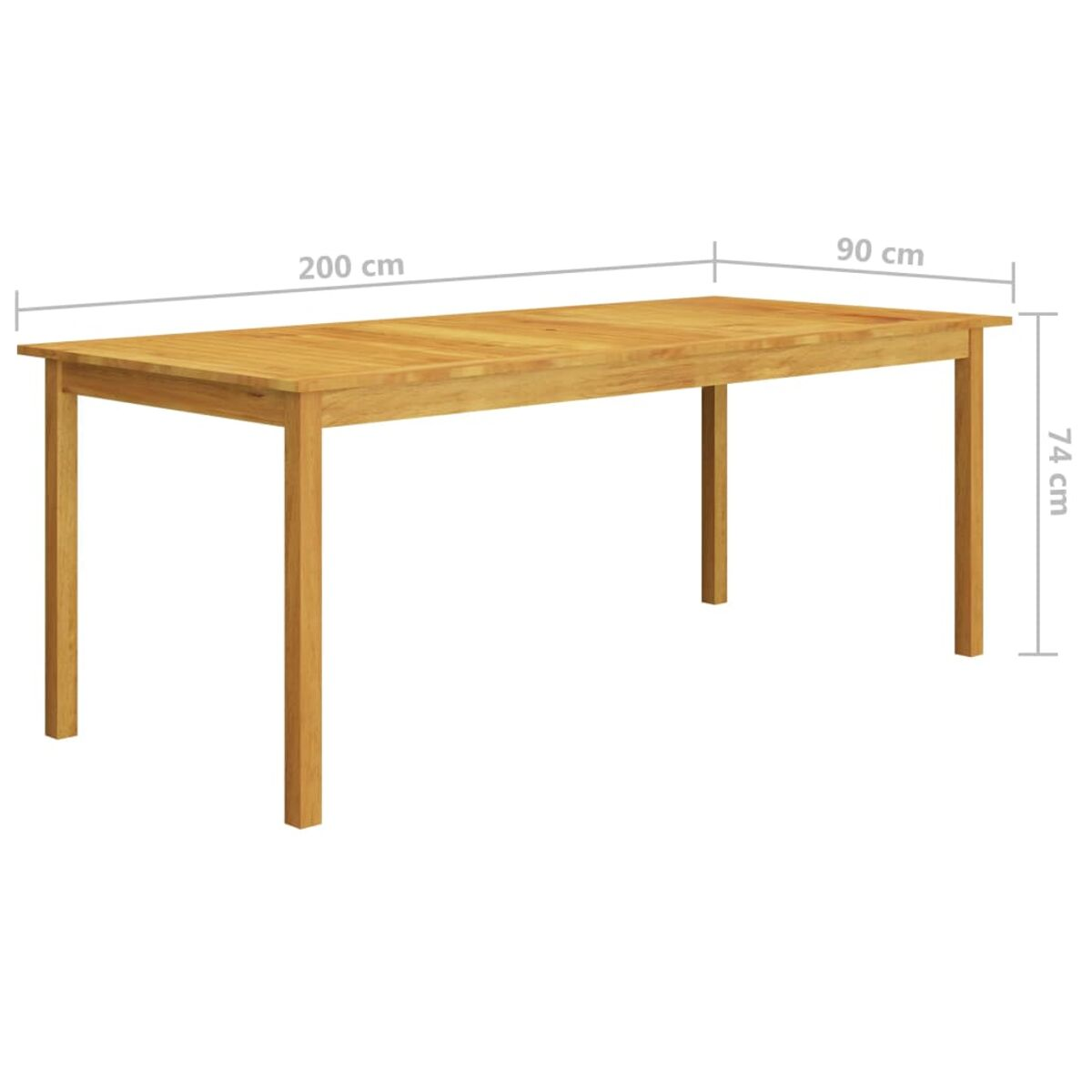 Rechteckiger Esstisch aus Holz, mit den Maßen 200 cm, 90 cm und 74 cm. Weißer Hintergrund.