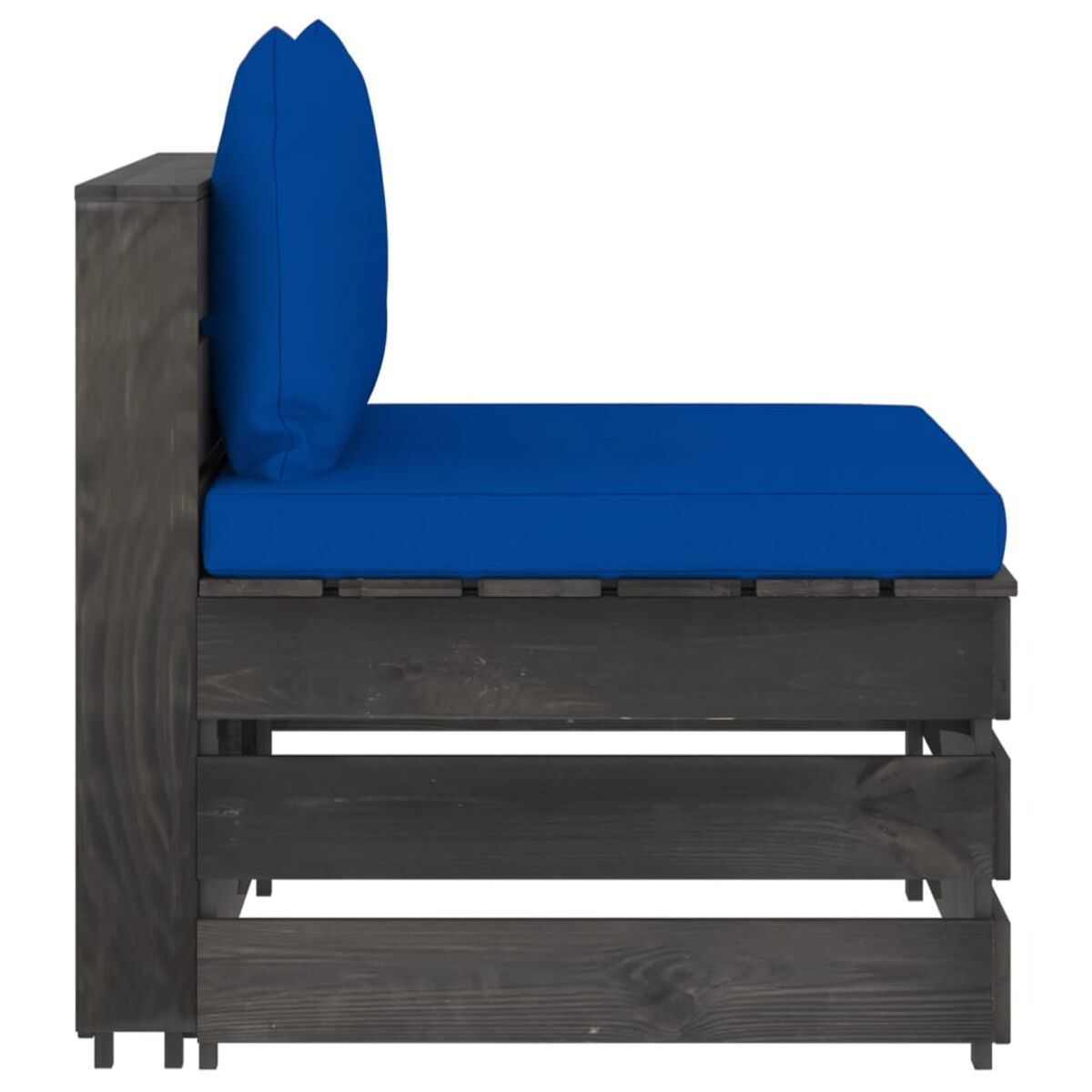 Holz-Außensofa mit blauem Kissen. Dunkler Holzrahmen und blaues Kissen.