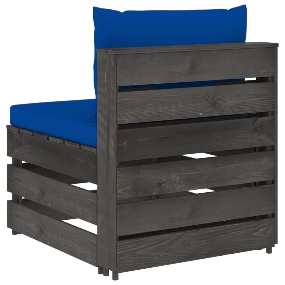 Ein dunkelgrauer Holzstuhl mit blauem Kissen und Rückenlehne wird gezeigt.