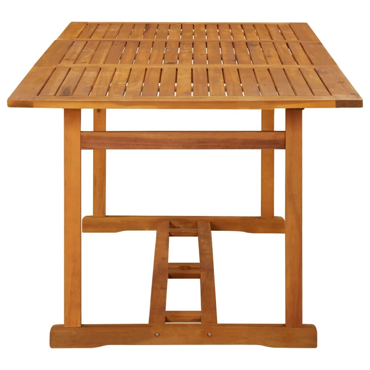 Holztisch mit Lamellen und zentraler Stütze, vor weißem Hintergrund.