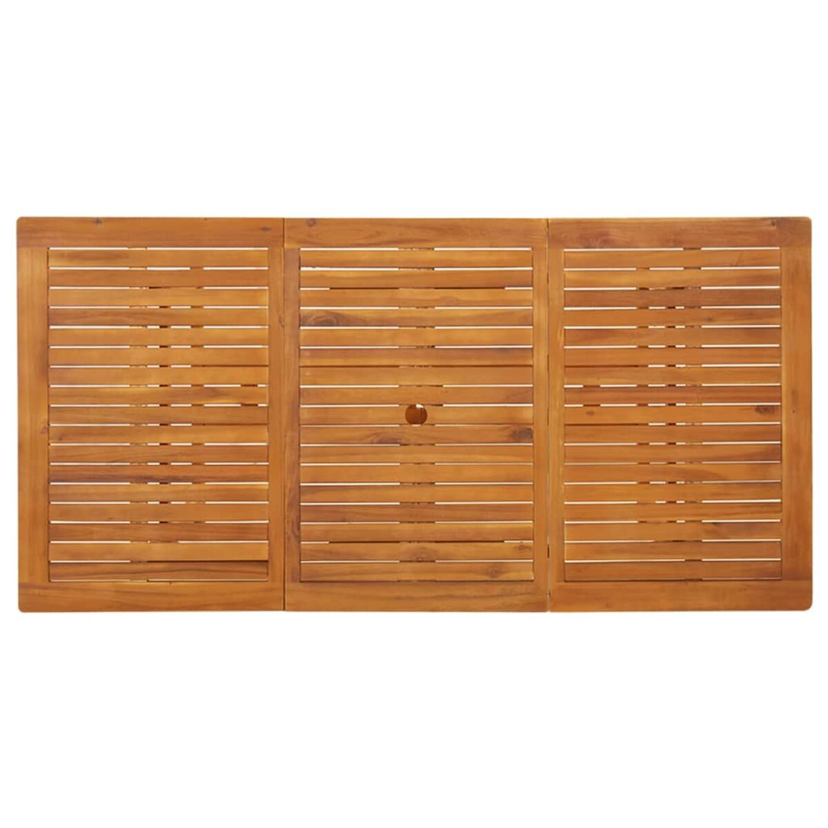 Ein Holztisch aus drei Paneelen mit sichtbaren Holzmaserungen und einem Loch in der Mitte.