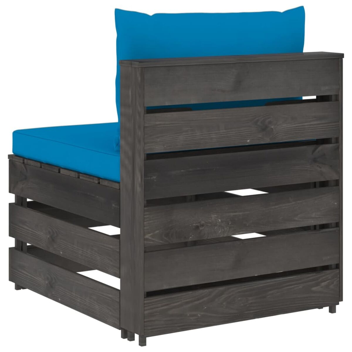 Outdoor-Ecksofa aus Holz mit blauen Kissen. Dunkelgraues Holz mit Latten-Design.