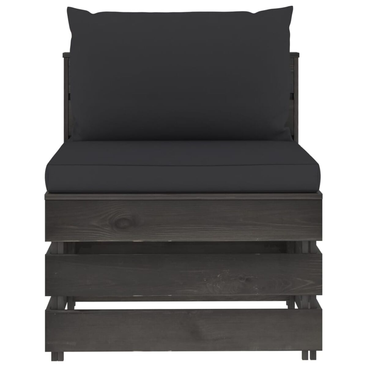 Dunkelgrauer Outdoor-Stuhl mit Kissen. Horizontale Lamellen für Sitz und Rücken.