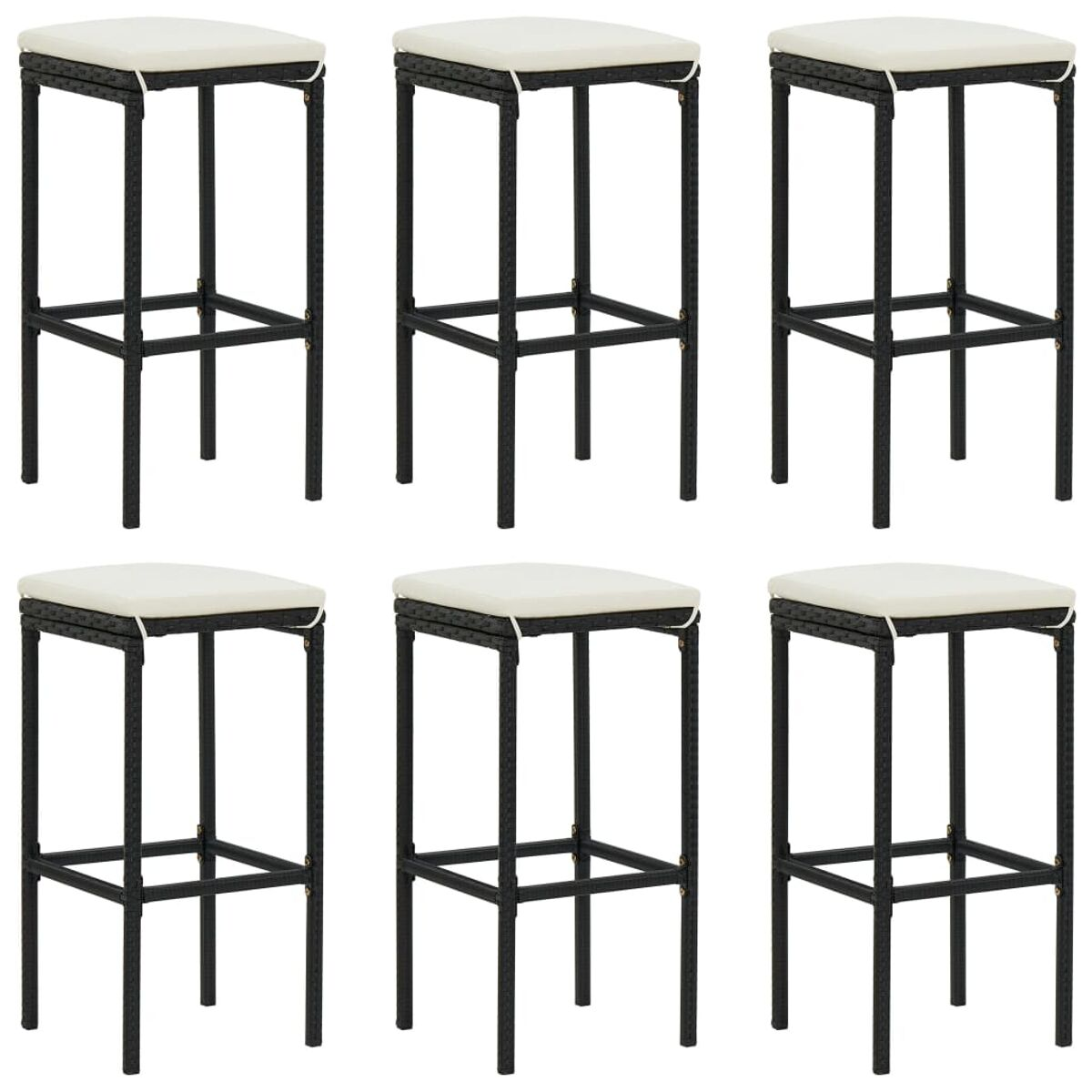 Ein Set aus sechs schwarzen Metall-Barhockern mit weißen Sitzen, eng angeordnet.