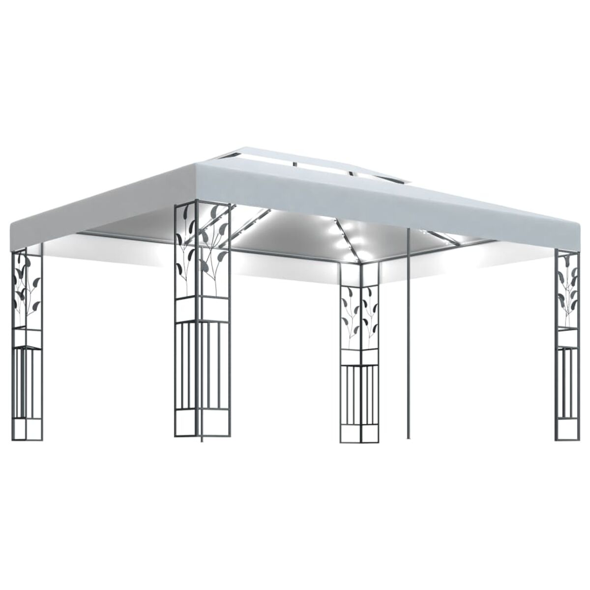 Silberner Pavillon mit schwarzem Rahmen, Blattdesign. Weißer Hintergrund.