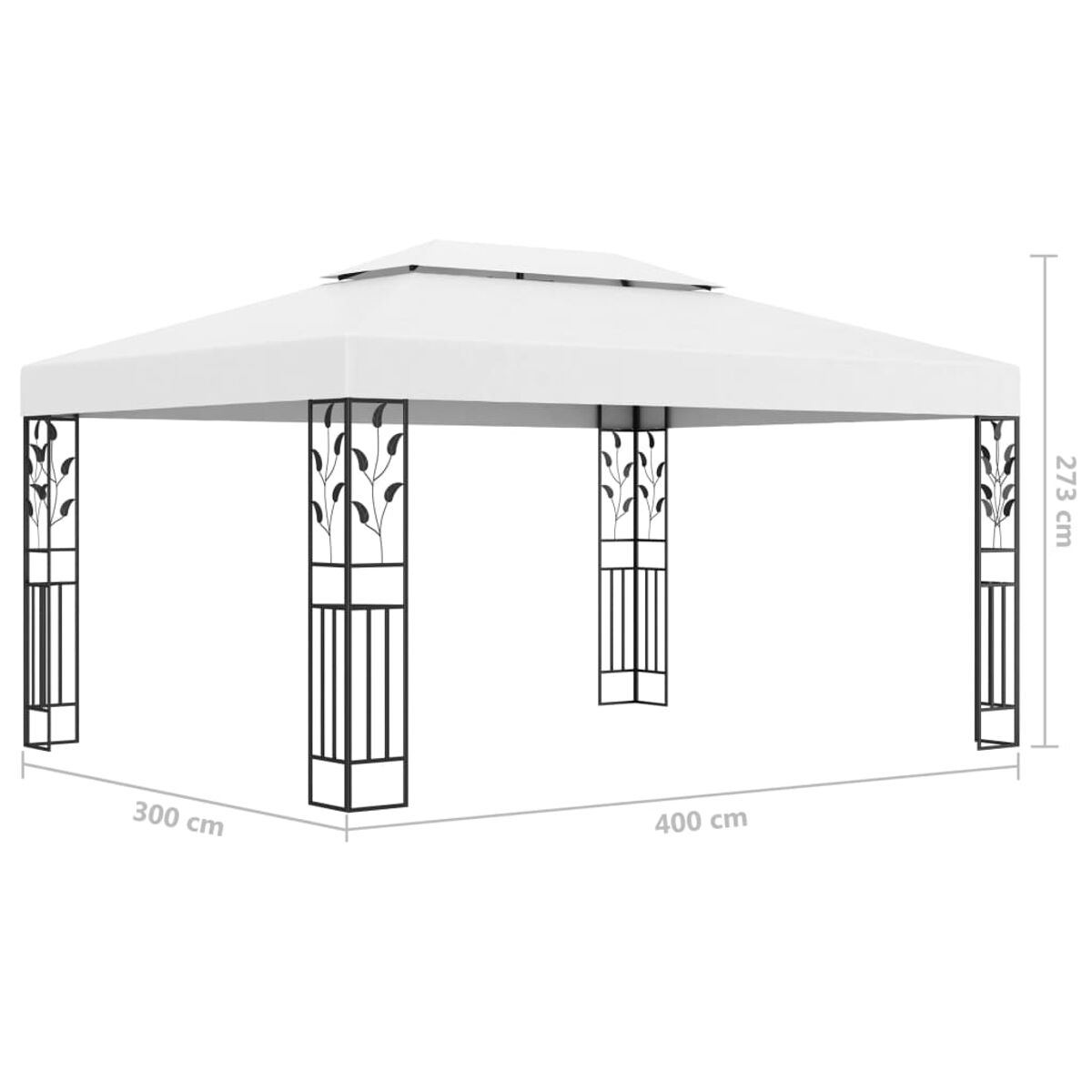 Weißer Pavillon mit schwarzen Akzenten, Abmessungen 300x400x273 cm. Metallrahmen, weißes Dach und Stützen.