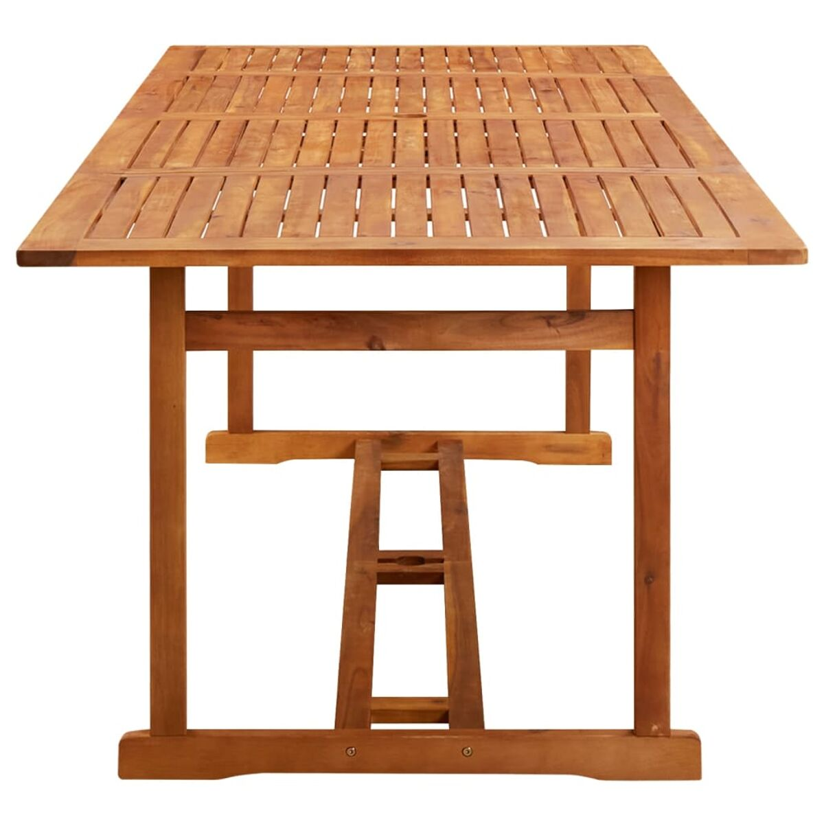 Rechteckiger Holztisch mit Lattenrost und Beinen.