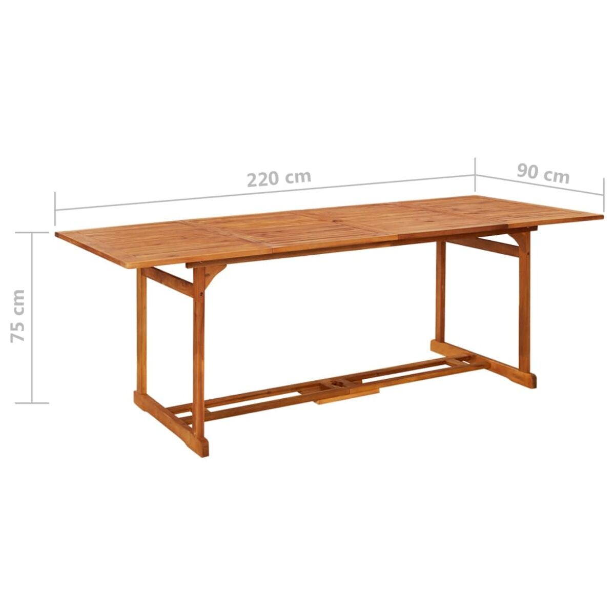Holztisch für den Außenbereich mit den Maßen: 220 cm x 90 cm x 75 cm.