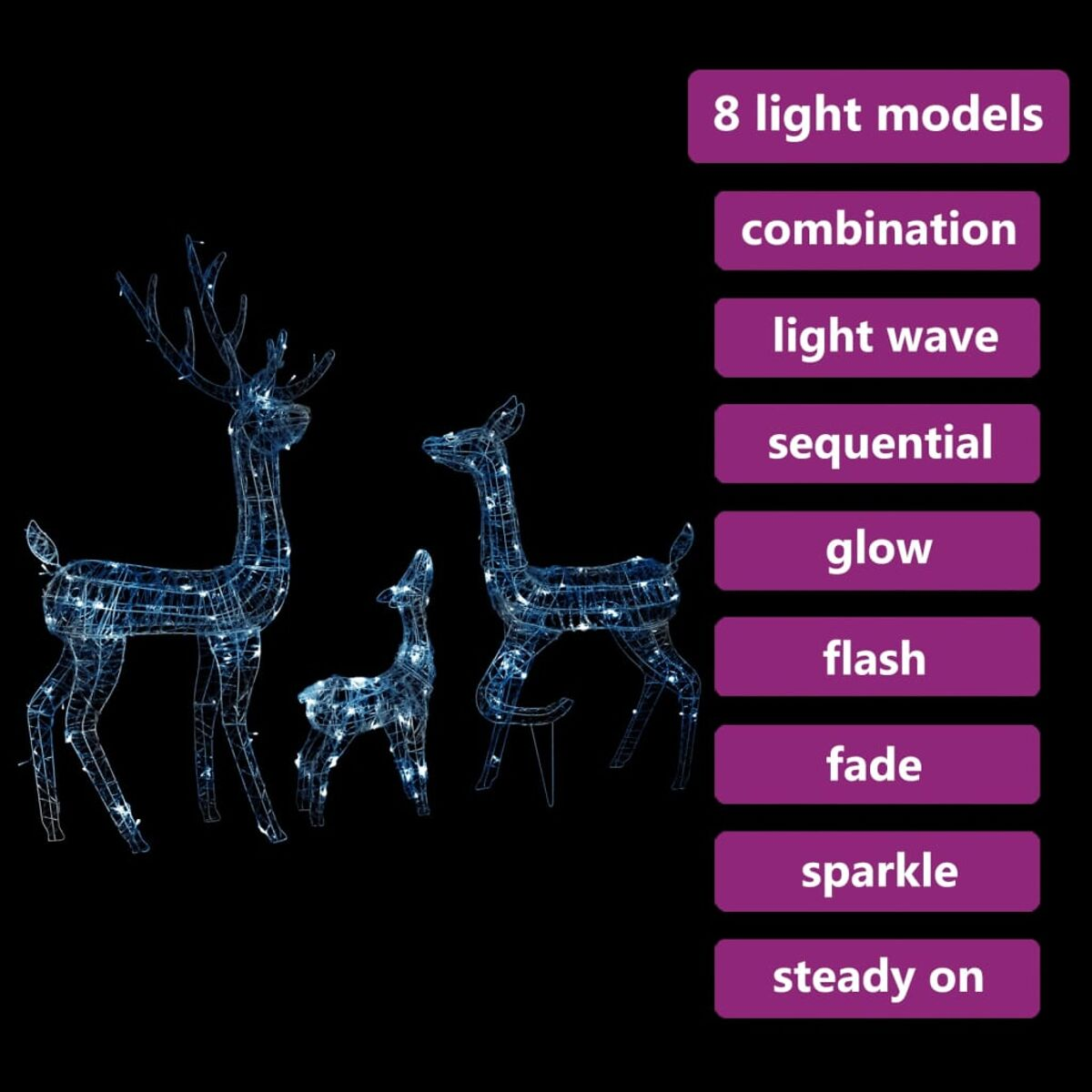Drei hirschförmige Lichter auf schwarzem Hintergrund. Die Lichter sind weiß mit einem Muster.