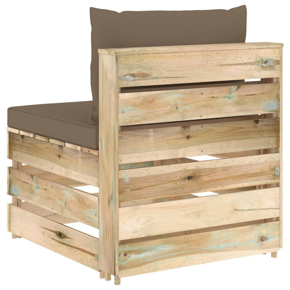 Holz-Außenstuhl mit Kissen. Der Rahmen besteht aus Holz, mit braunem Kissen und Kissen.