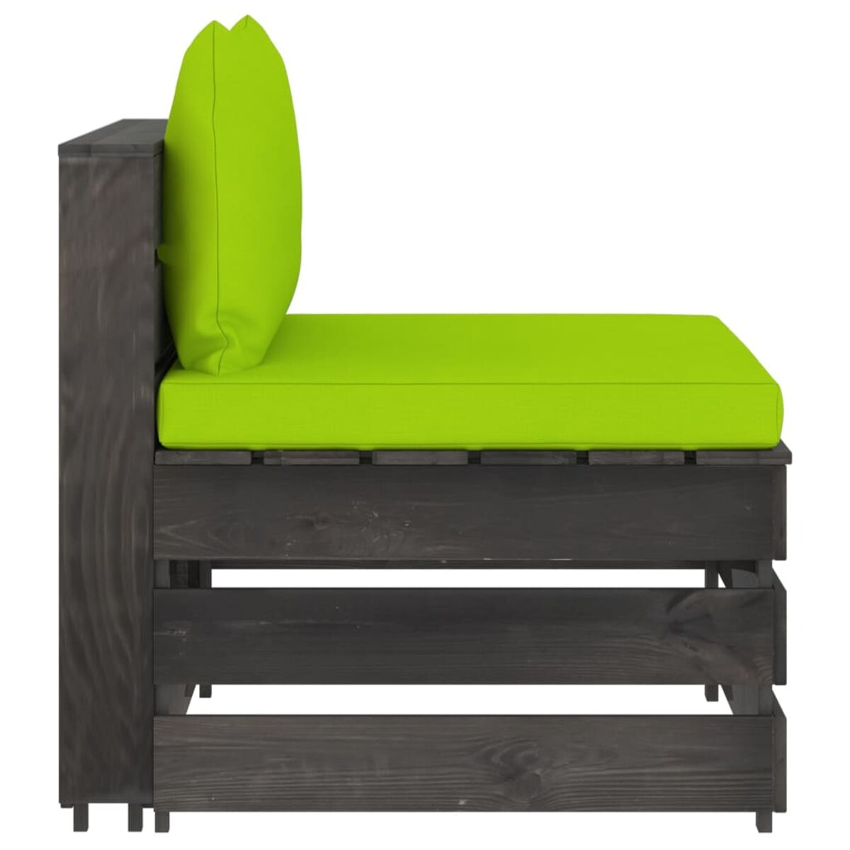 Seitenansicht eines schwarzen Holzpalettensitzes mit einem limettengrünen Kissen und Kissen.
