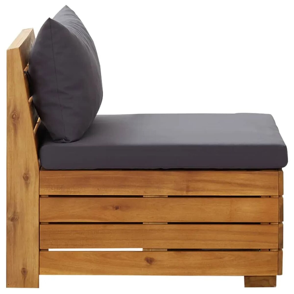 Outdoor-Sofa aus Holz mit grauem Kissen und Kissen.