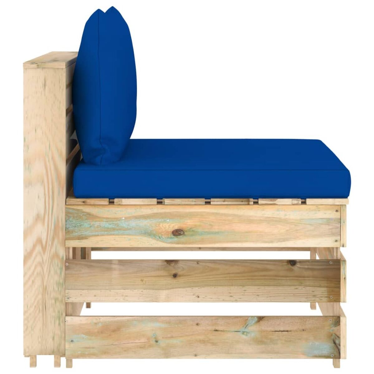 Paletten-Sofateil mit blauen Kissen. Holzrahmen, blaue Kissen und Kissen.