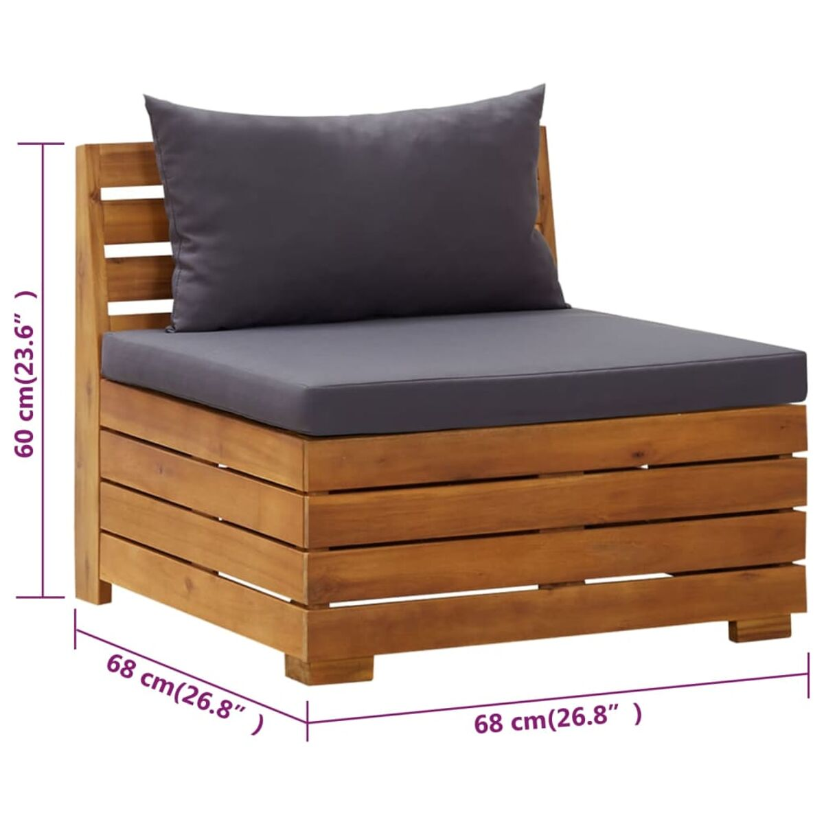 Ein hölzerner Einzelsitz mit grauem Kissen und Kissen. Er ist 68 cm x 60 cm groß.