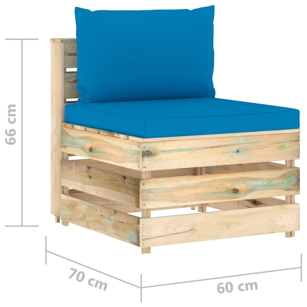 Holzpalettenstuhl mit blauem Kissen. Maße: 66cm x 70cm x 60cm.