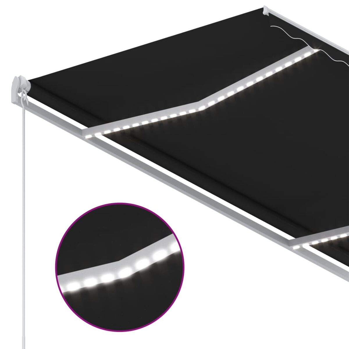 Schwarze Markise mit LED-Leuchten. Die Lichter verlaufen am unteren Rand der Markise.