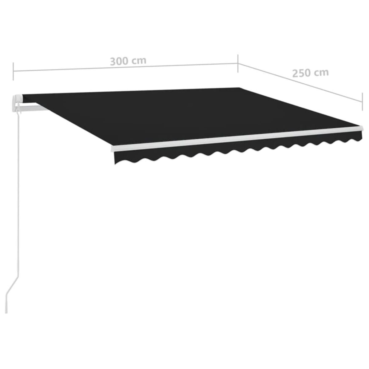 Schwarze Markise mit weißem Wellenrand, an einer Wand montiert. Abmessungen sind angegeben.