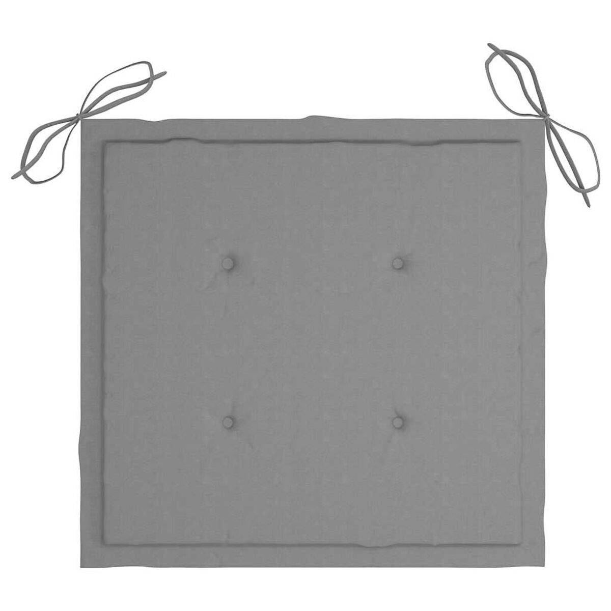 Ein quadratisches graues Kissen mit vier Knöpfen und Bindebändern.