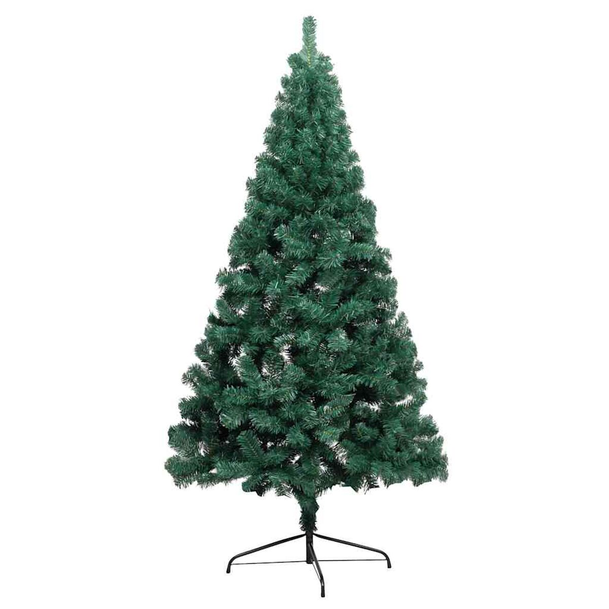 Grüner Weihnachtsbaum auf weißem Hintergrund. Der Baum hat einen schwarzen Ständer und ist ungeschmückt.