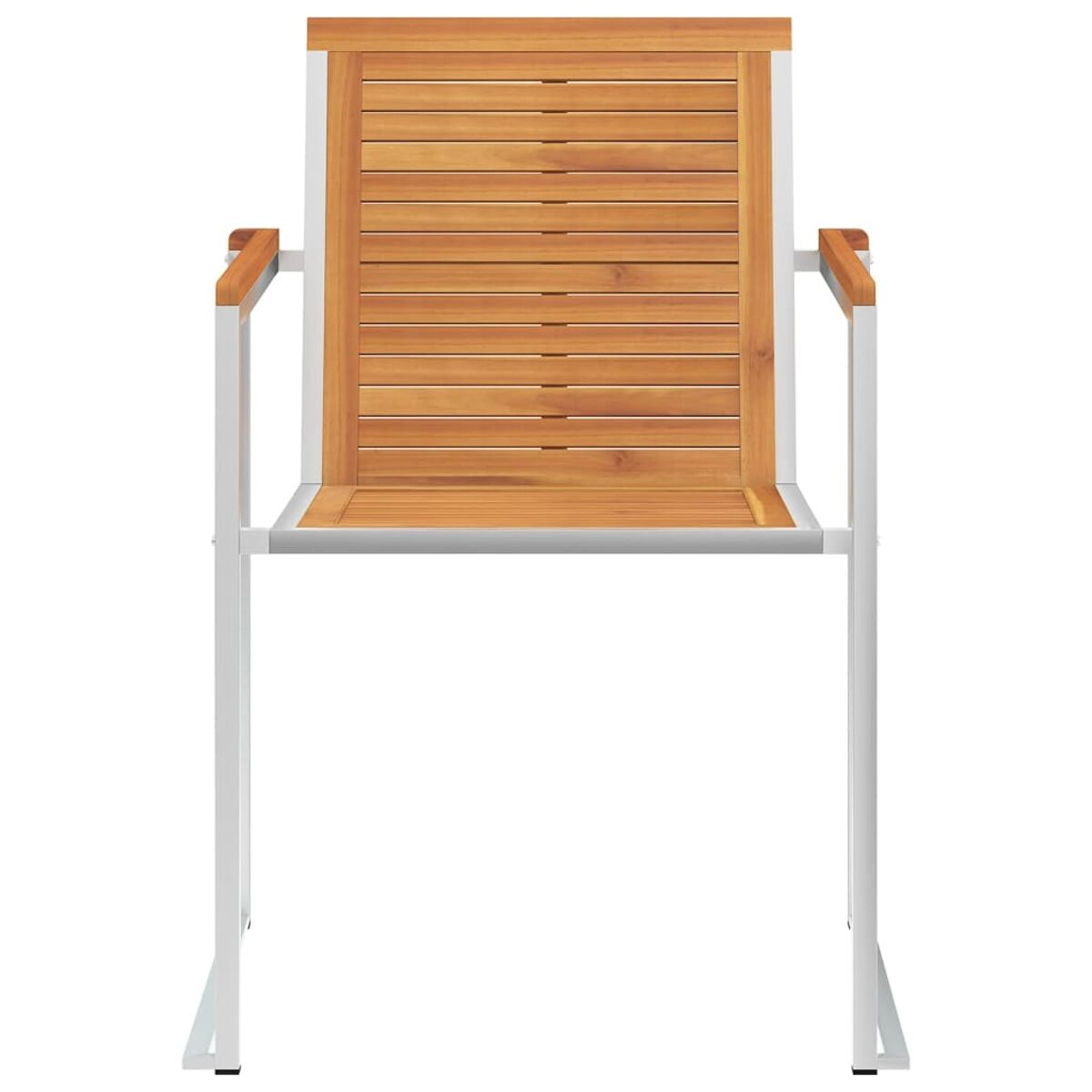 Holzstuhl mit Lattenrücken und -sitz, getragen von weißen Metallbeinen.
