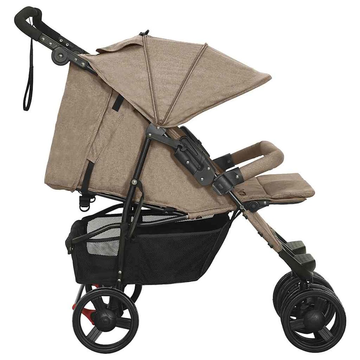 Ein hellbrauner Kinderwagen mit Sonnenschutz, von der Seite gesehen.
