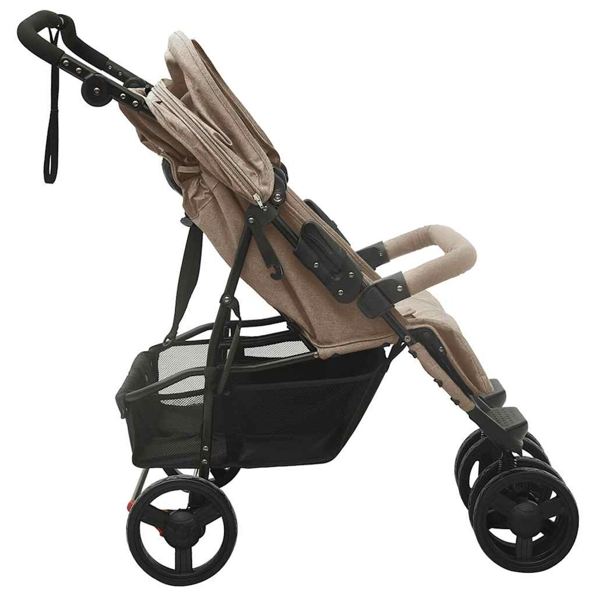 Beiger Kinderwagen mit Aufbewahrungskorb, Seitenansicht.