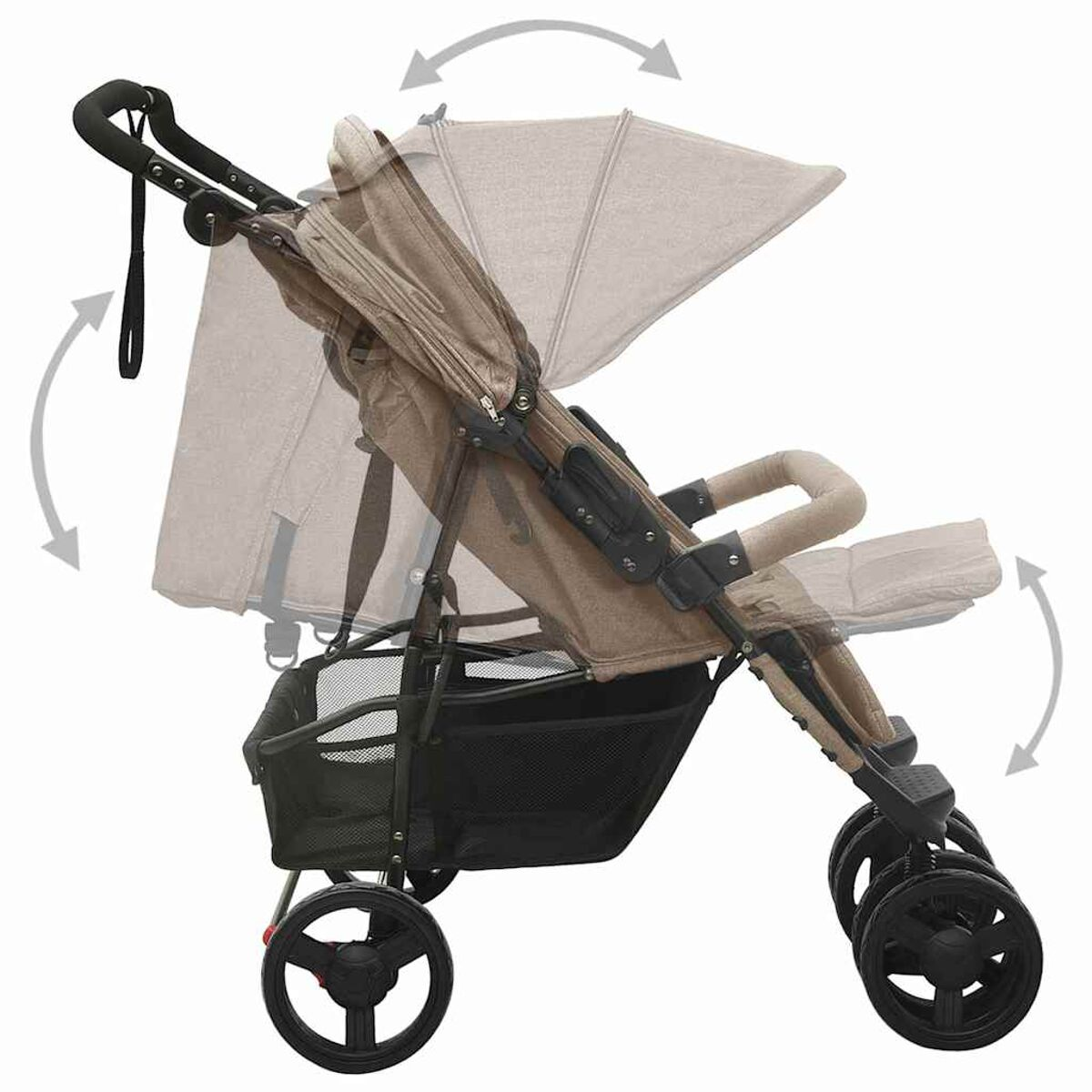 Ein beigefarbener Kinderwagen mit verstellbarem Verdeck. Der Wagen hat einen Korb und Räder.