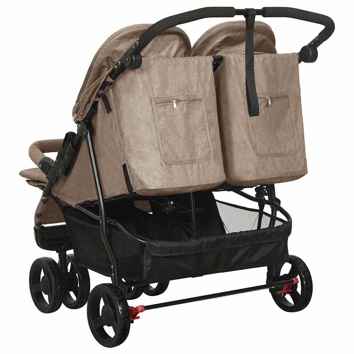Ein Doppelkinderwagen mit zwei Sitzen aus beigem Stoff, einem schwarzen Rahmen und schwarzen Rädern.